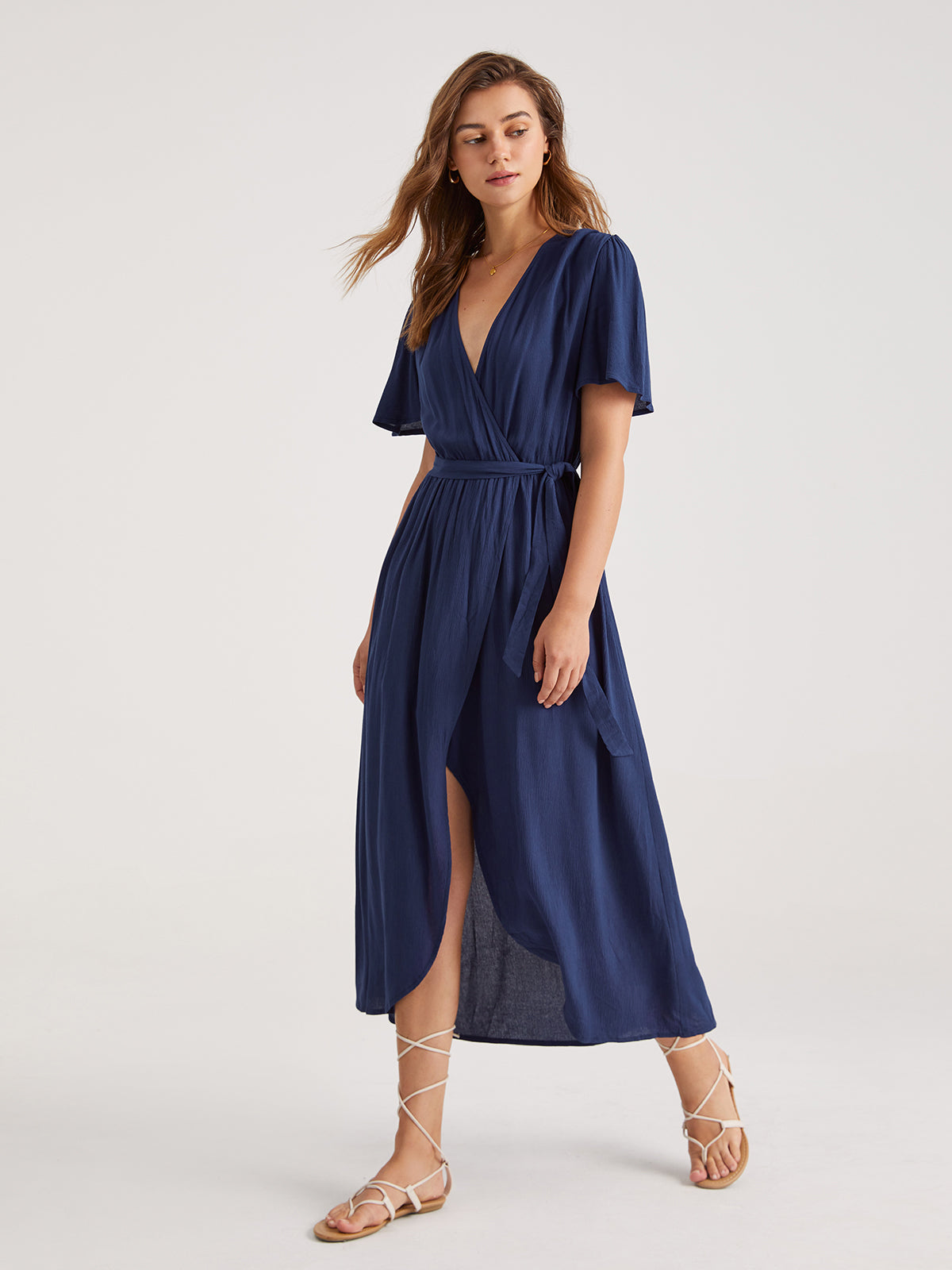 V-Neck Wrap Side Tie Midi Dress