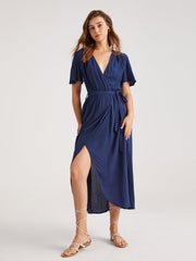 V-Neck Wrap Side Tie Midi Dress