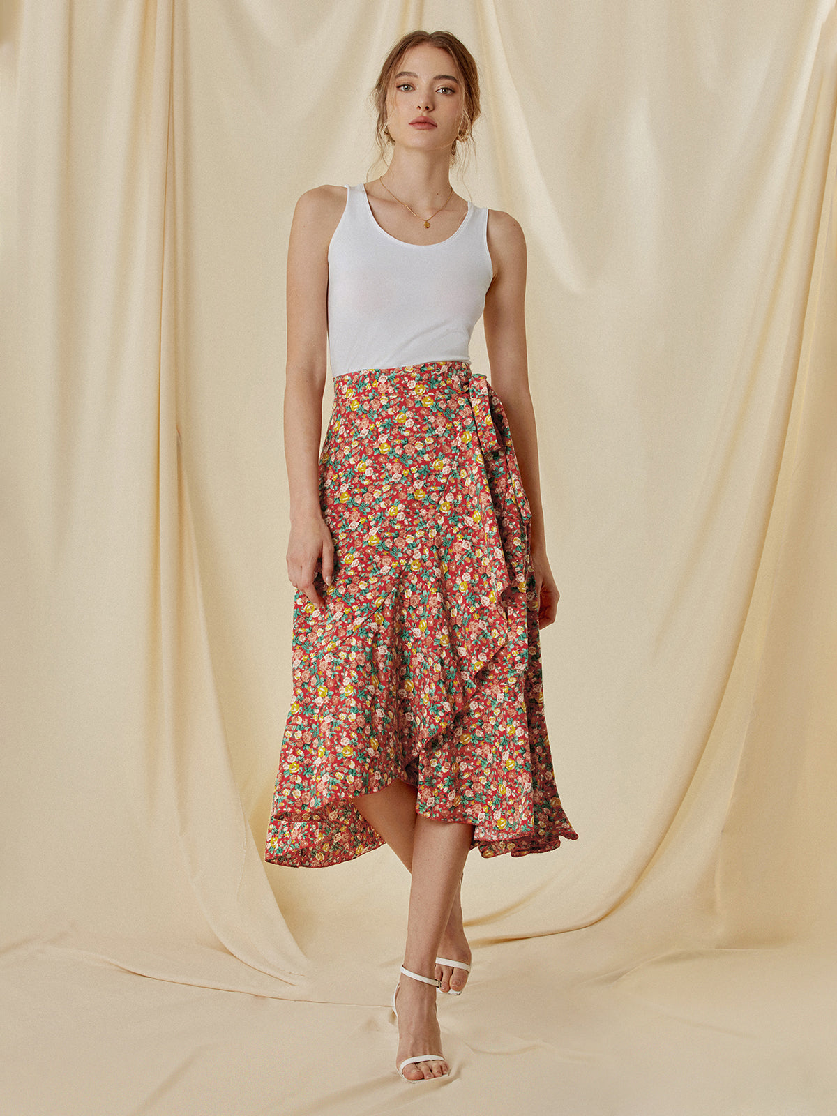 High Waisted Floral Ruffle Midi Skirt