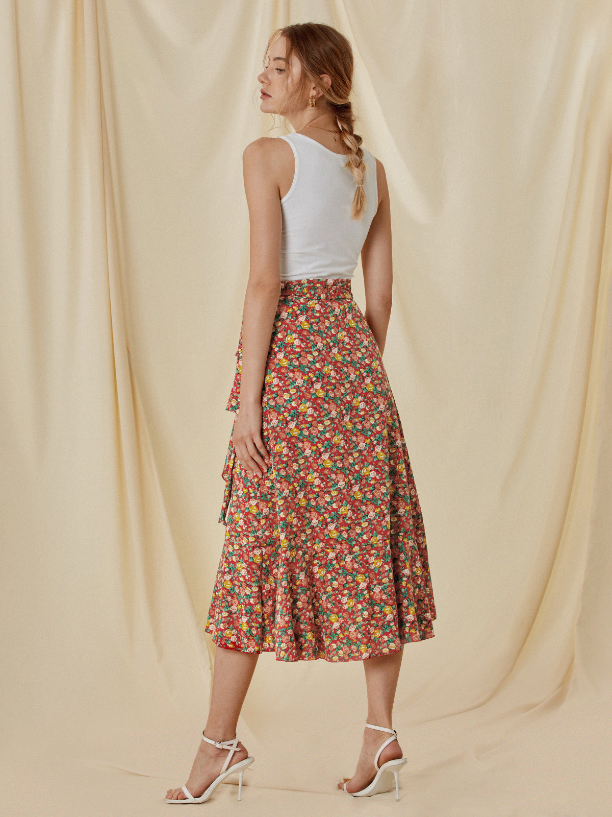 High Waisted Floral Ruffle Midi Skirt