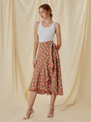 High Waisted Floral Ruffle Midi Skirt