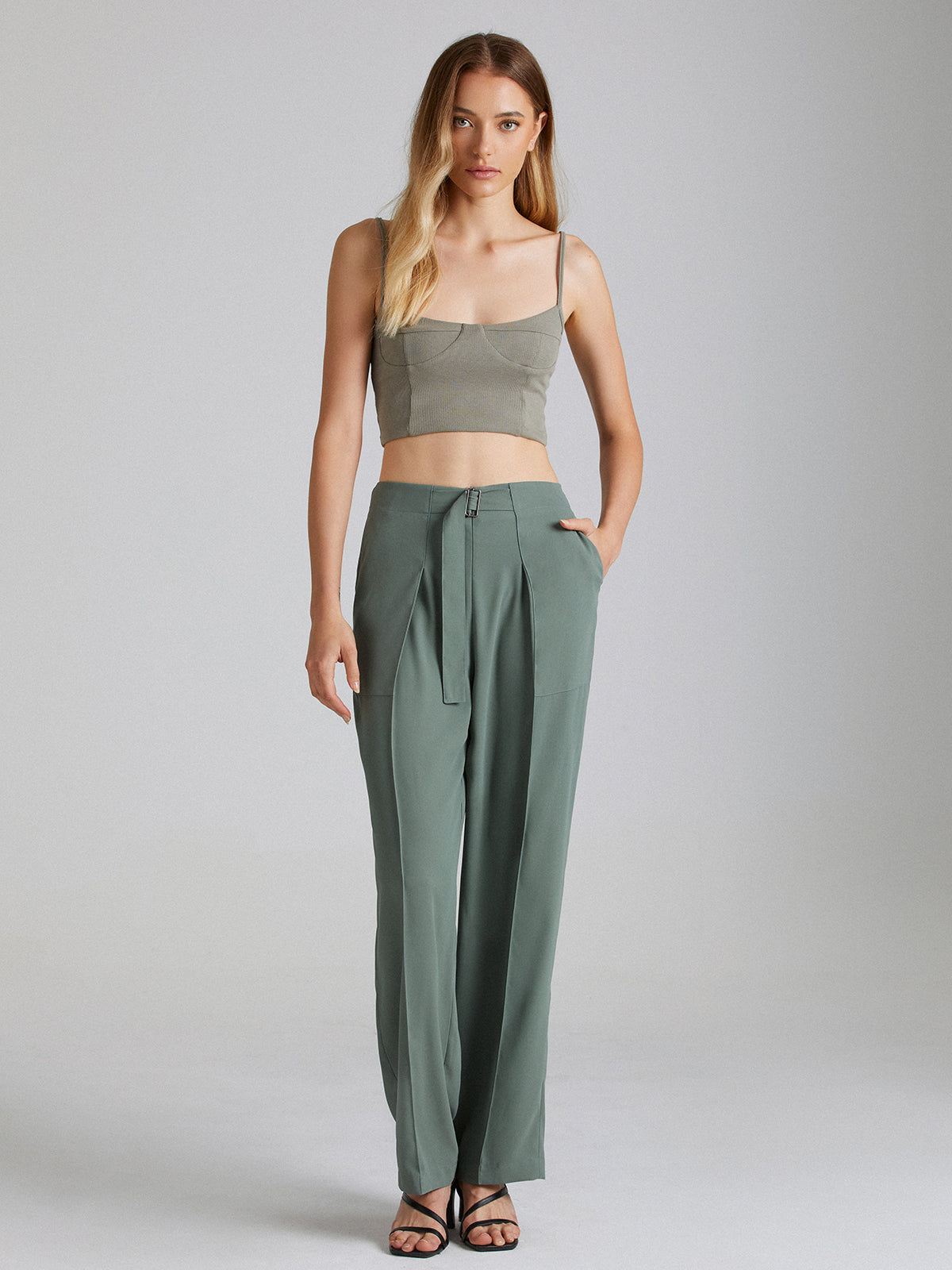 Belted Seam Detail Straight Leg Trousers