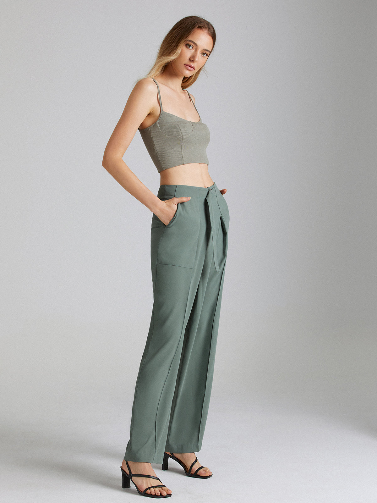 Belted Seam Detail Straight Leg Trousers