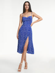 Sweetheart Mini Floral Strap Slit Midi Dress