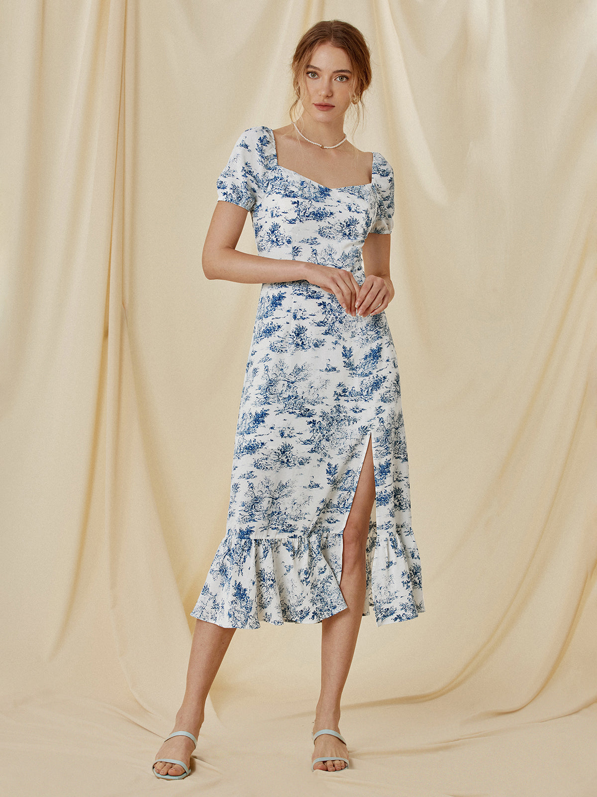 Uncomplicated Afternoons Toile Floral Slit Midi Dress