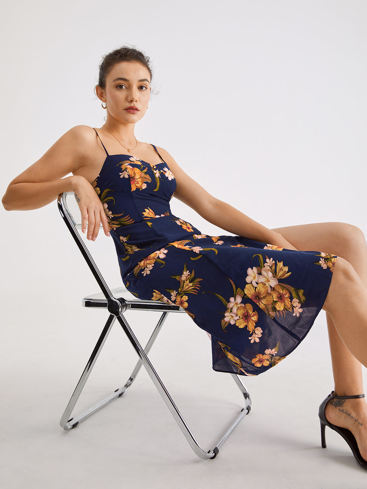 Windy Sea Flowers Strap Midi Dress