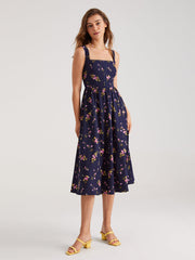Floral Front Hook-and-Eye Zip Up Square Neck Midi Dress