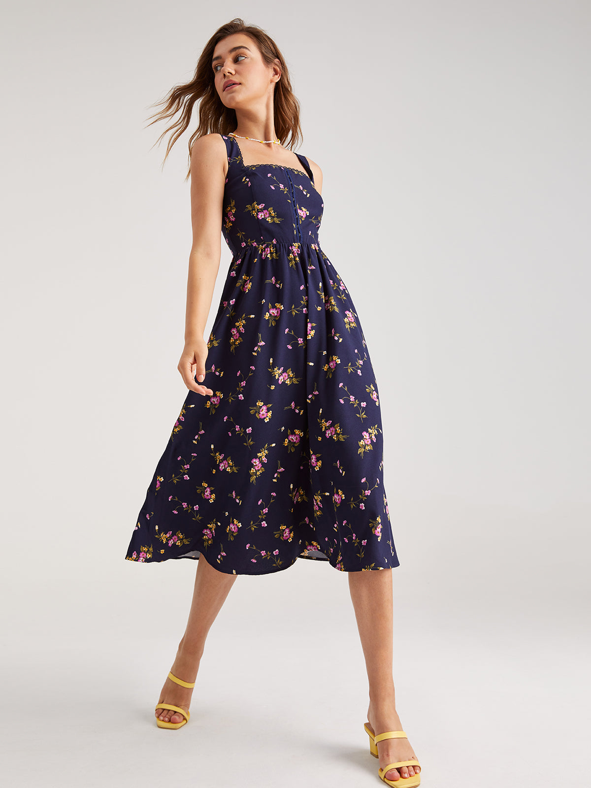 Floral Front Hook-and-Eye Zip Up Square Neck Midi Dress