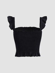 Square Neck Frill Shirred Ruffle Hem Sleeveless Top