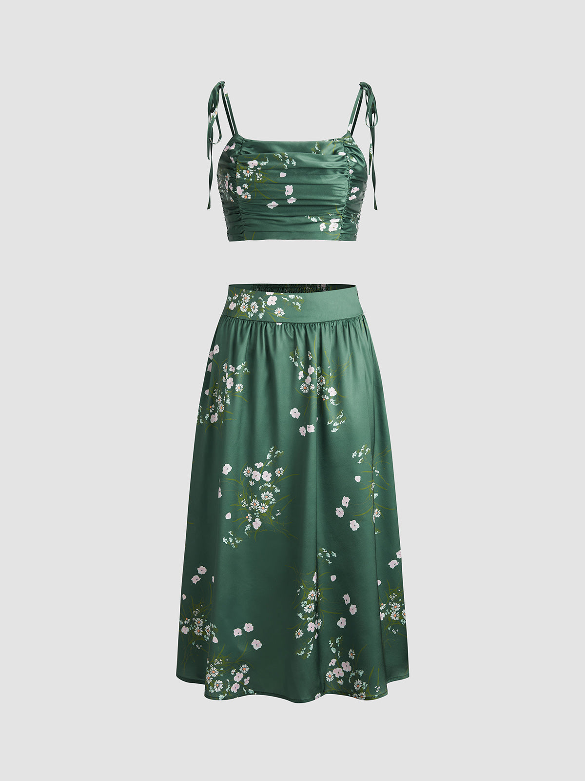 Emerald Green Floral Satin Two Piece Matching Set
