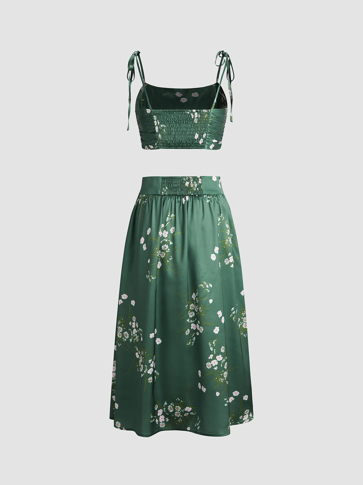 Emerald Green Floral Satin Two Piece Matching Set