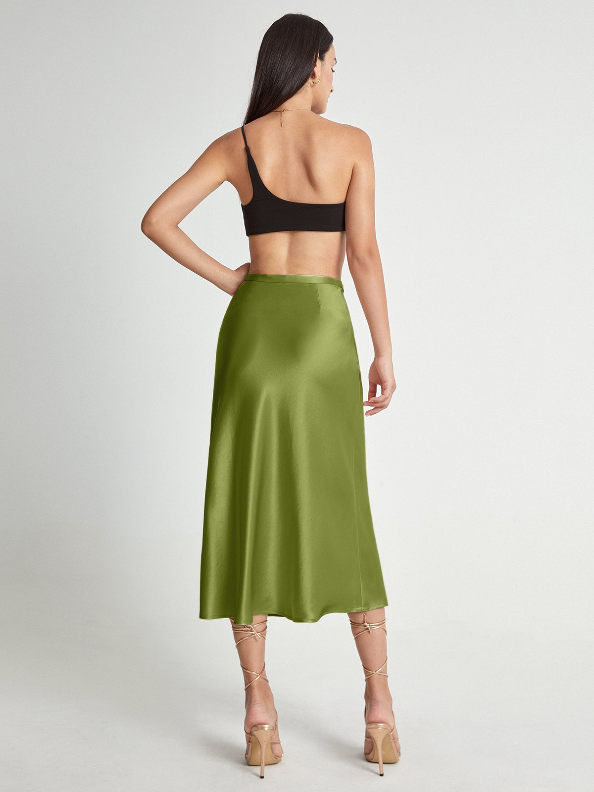 High Waisted Satin Flowy Midi Skirt