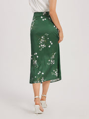 Floral Forest Emerald Green Satin Slit Skirt