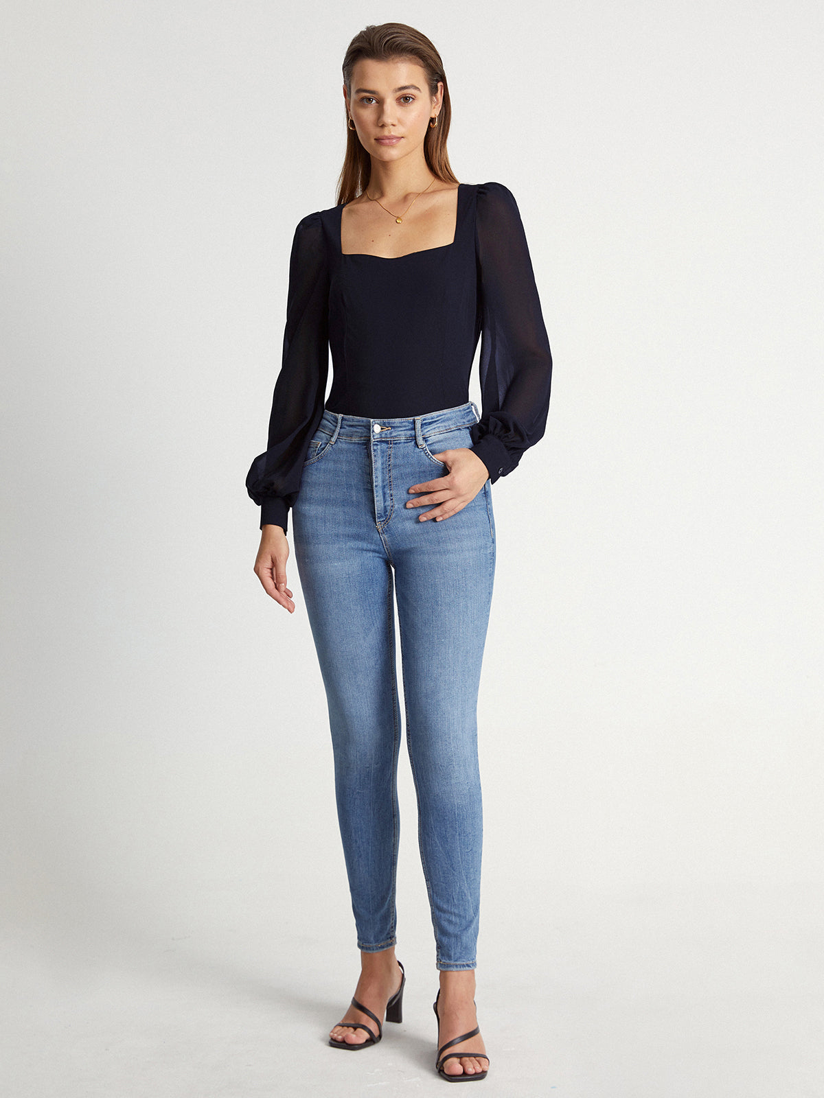 Mesh Puff Sleeve Square Neck Top