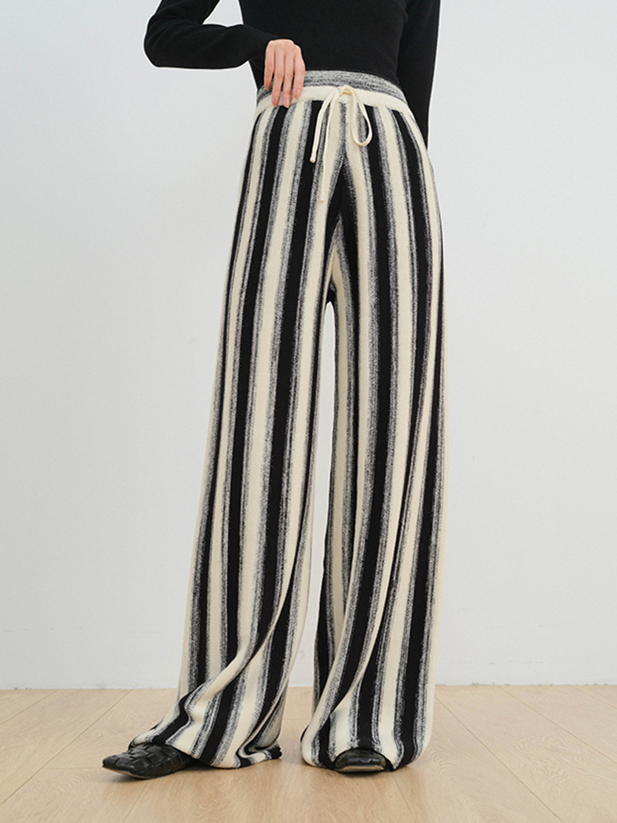 Stripe Drawstring Knitted Wide Leg Pants