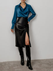 Faux Leather Zip Slit Skirt