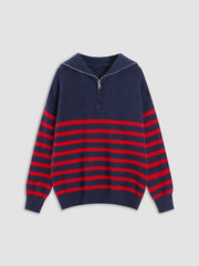 Ruby Red Stripe Zip Collared Sweater