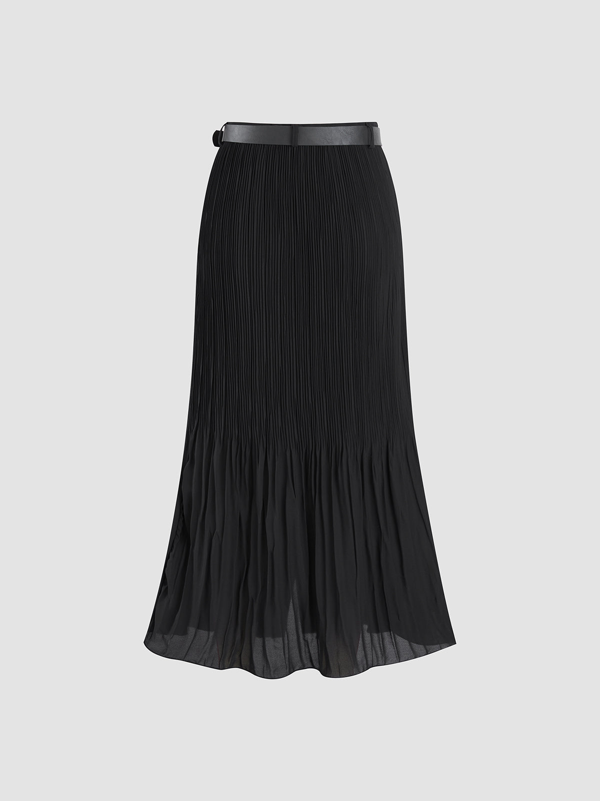 Pleated Belted Mesh Flowy Midi Skirt