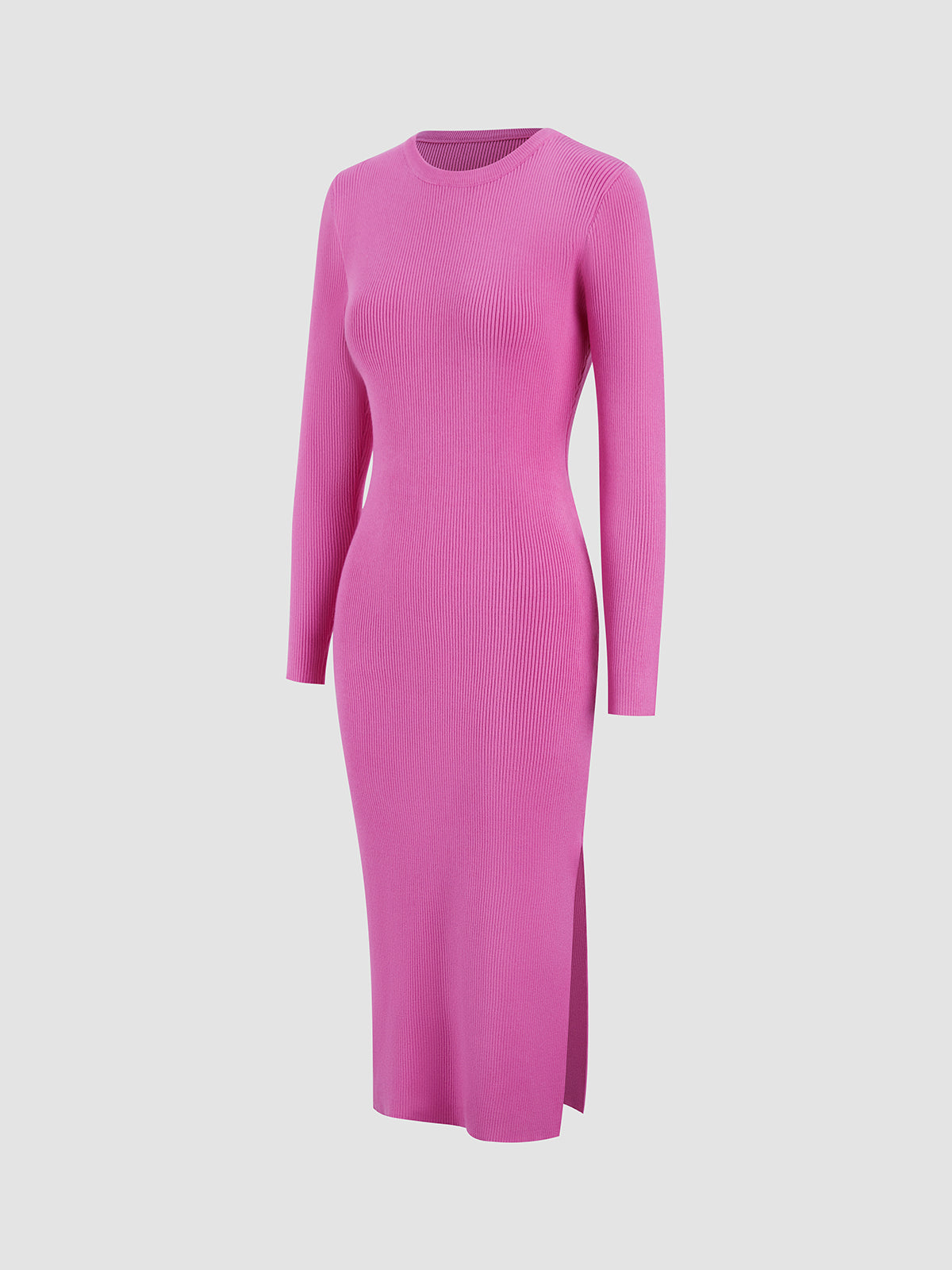 Pink Long Sleeve Rib Slit Midi Sweater Dress