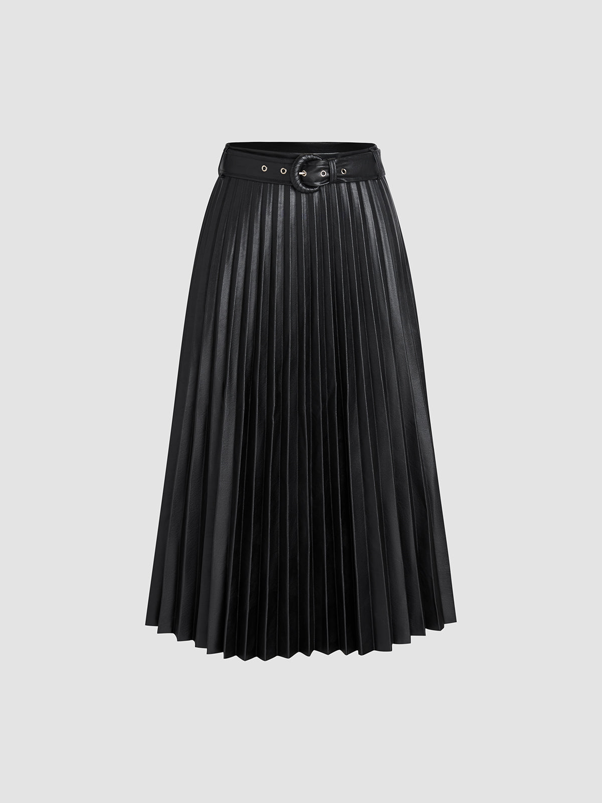 Faux Leather Pleated Belted Midi Skirt