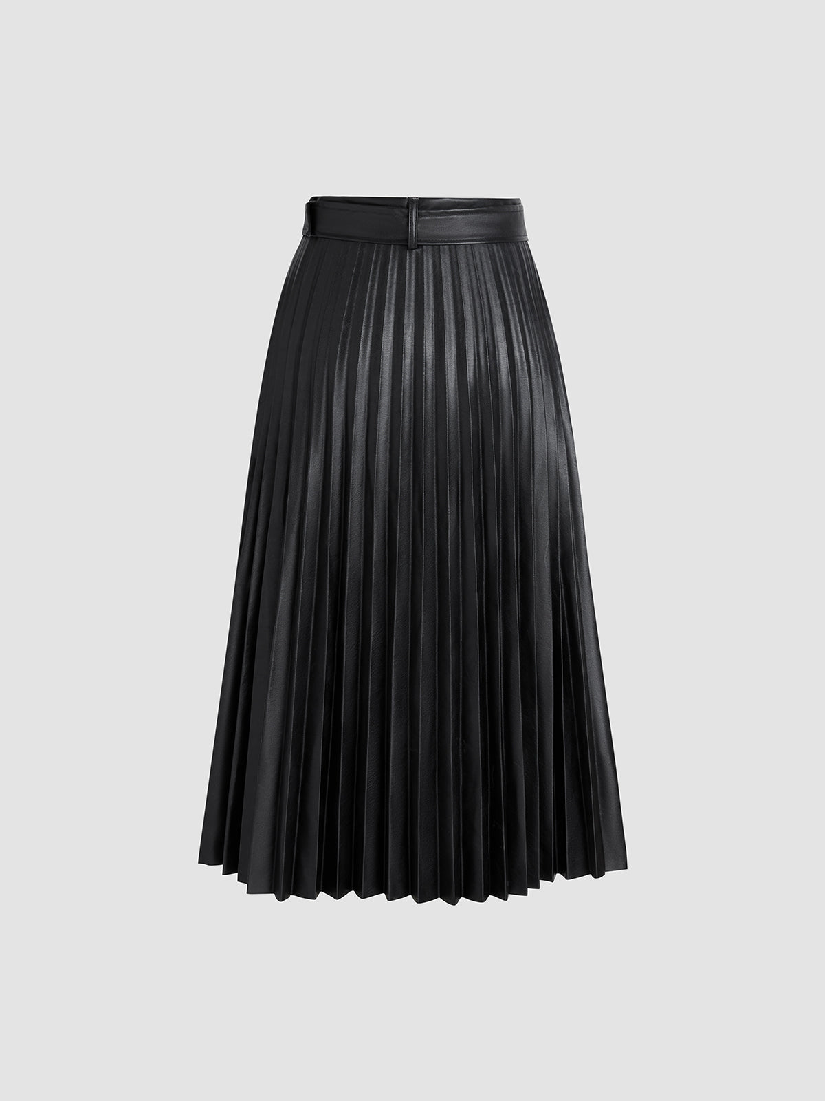 Faux Leather Pleated Belted Midi Skirt