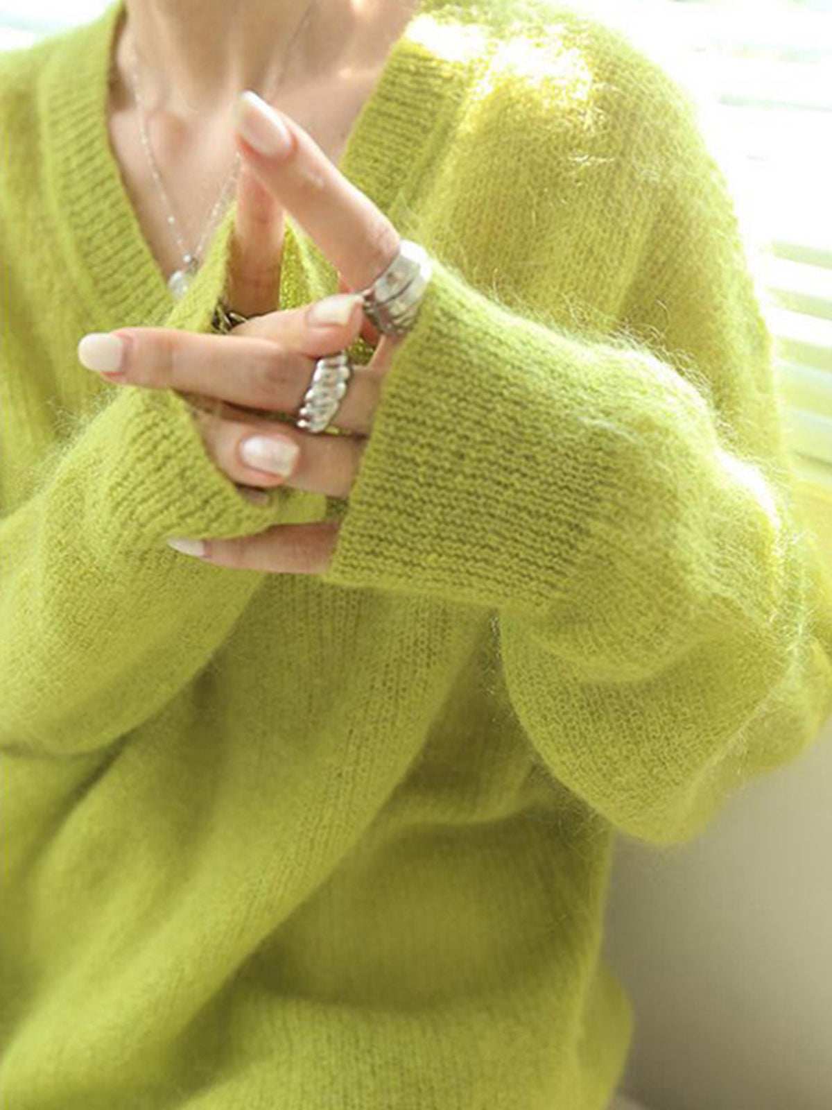 Lime Garden Furry V-Neck Sweater