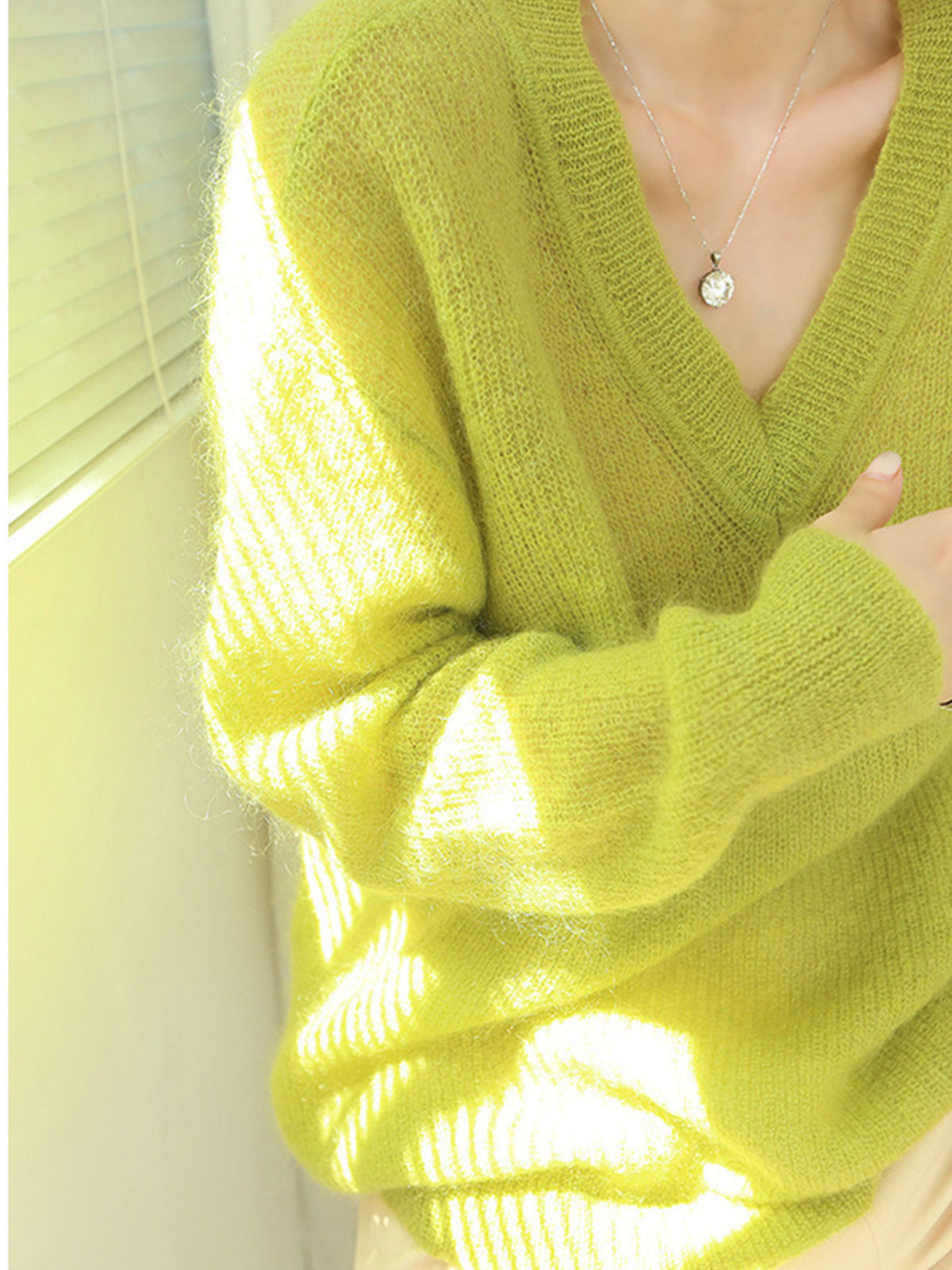 Lime Garden Furry V-Neck Sweater