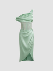 Asymmetrical Shoulder Satin Corset Long Dress