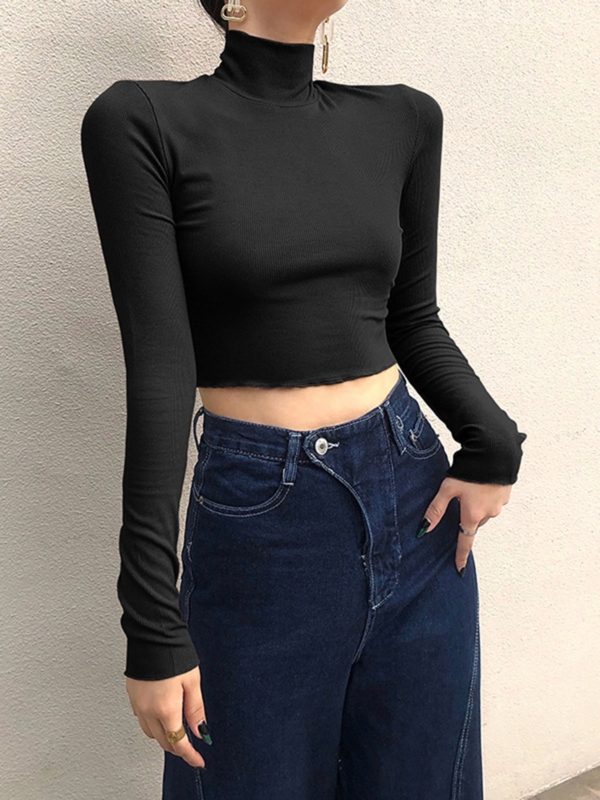 Black Mock Neck Crop Shirt