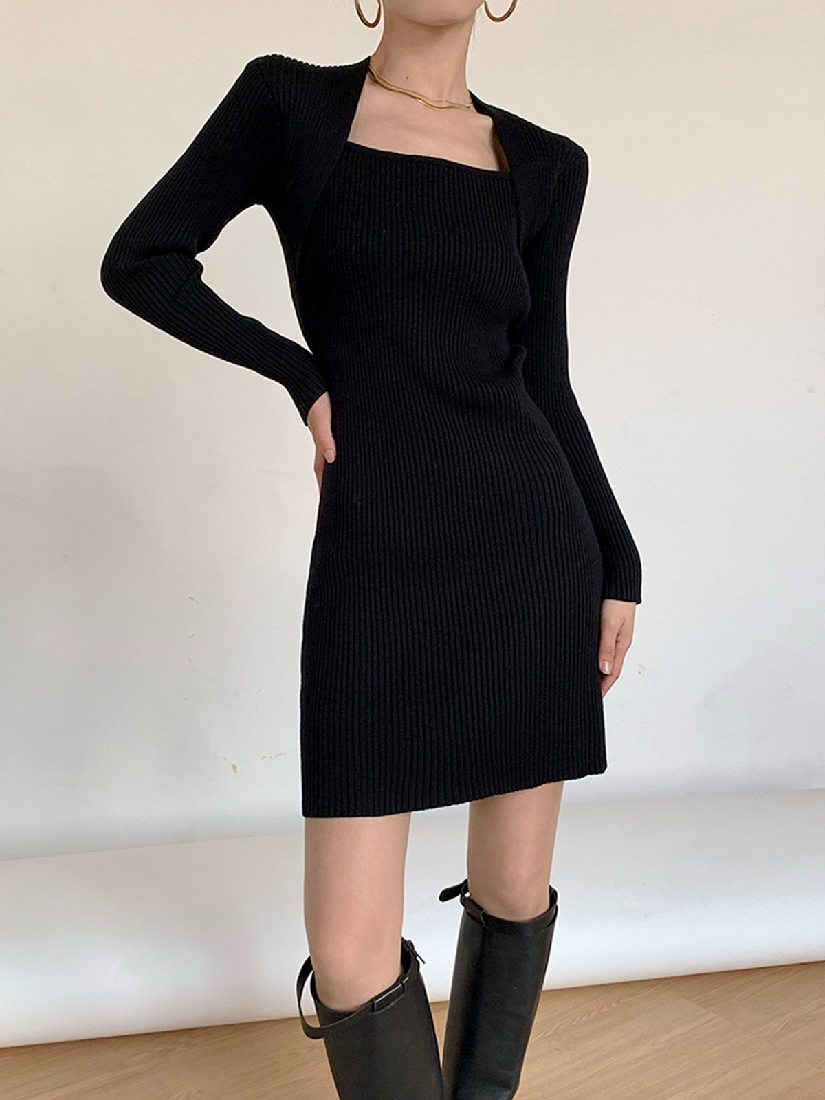 Square Neck Ribbed Sweater Dress