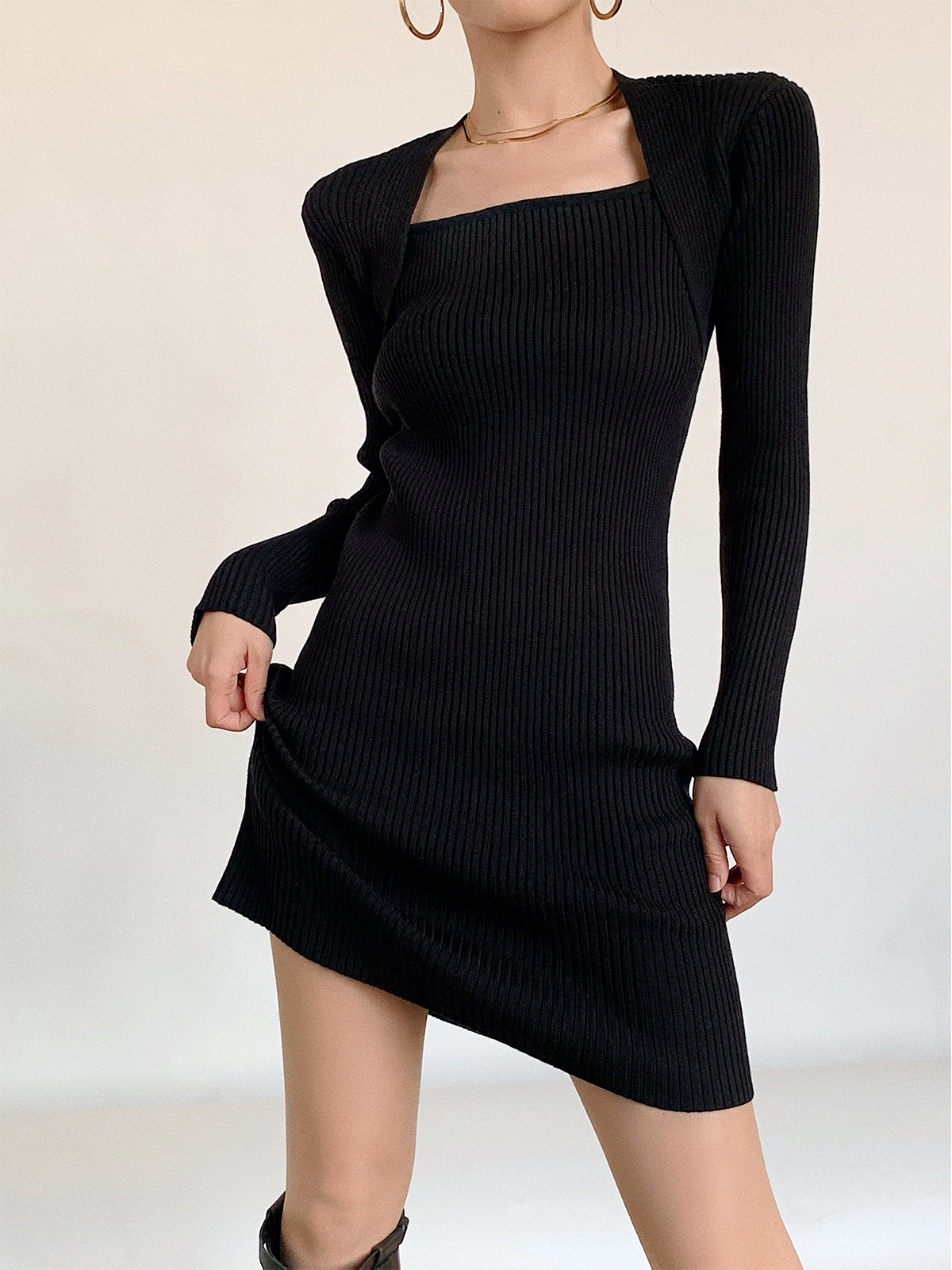 Square Neck Ribbed Sweater Dress