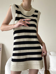 Eyelet Stripe Knit Short Dress