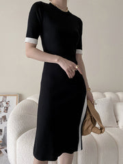 Contrast Trim Slit Knit Midi Dress