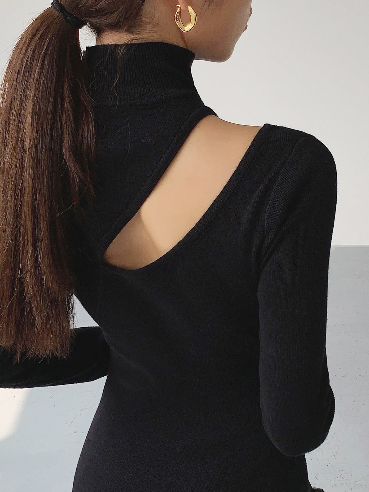 Asymmetrical Cutout Mock Neck Knit Midi Dress