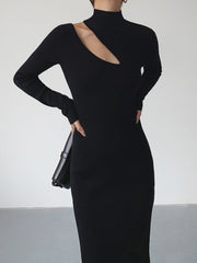 Asymmetrical Cutout Mock Neck Knit Midi Dress