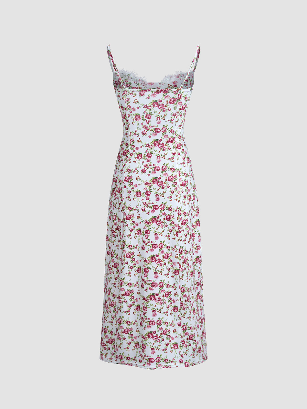 Rose Fantasy Lace Trim Slit Strap Midi Dress