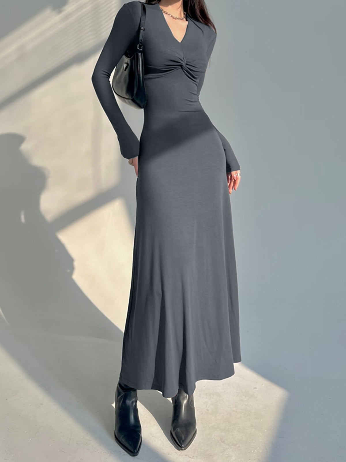 V-Neck Twisted Ruched Flowy Long Dress