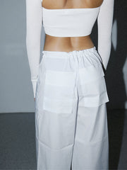 White Semisheer Parachute Cargo Wide Leg Pants