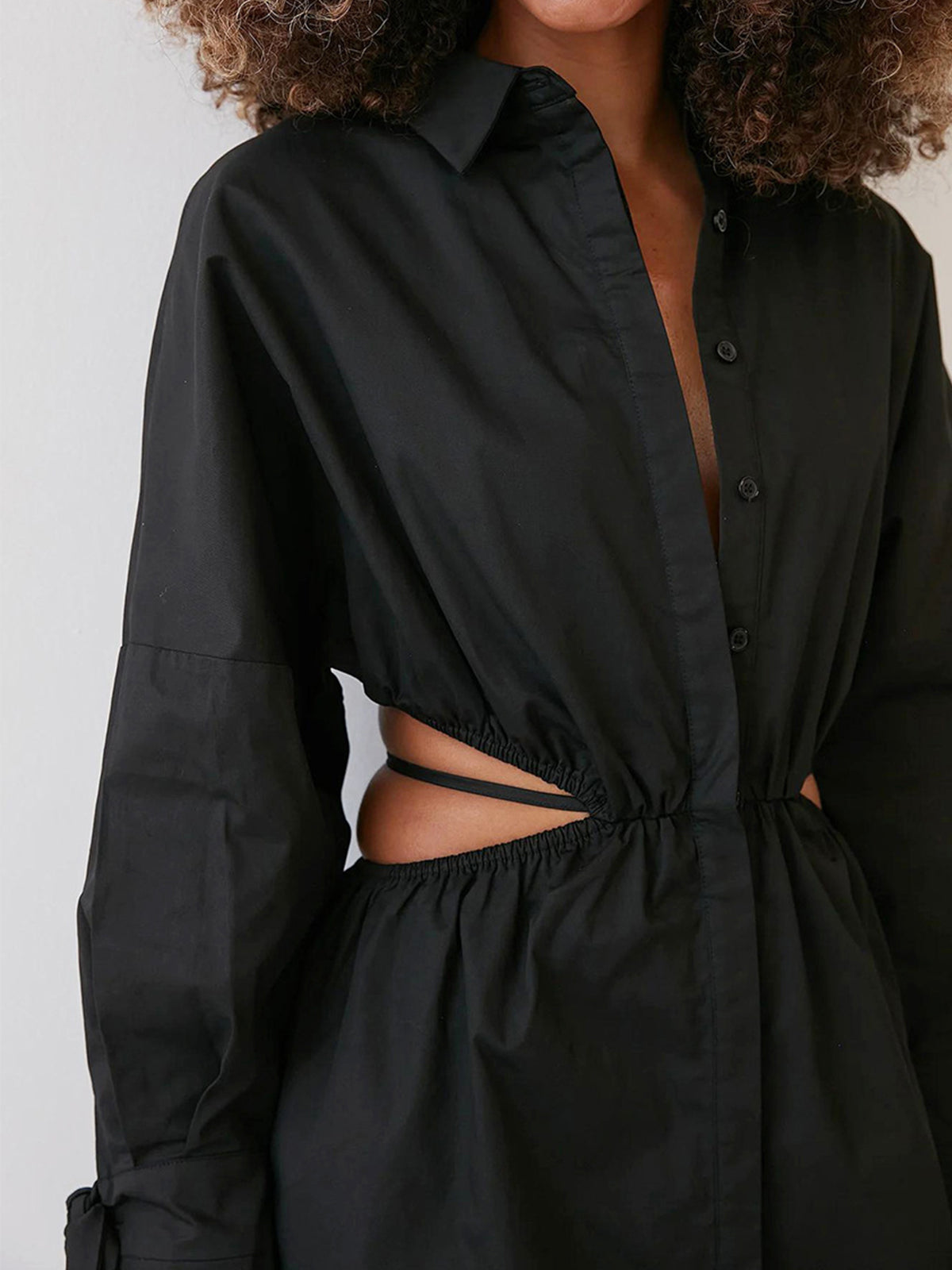 Solid Waist Cutout Shirt Dress