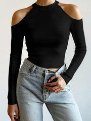 Shoulder Cutout Ribbed Long Sleeve Top