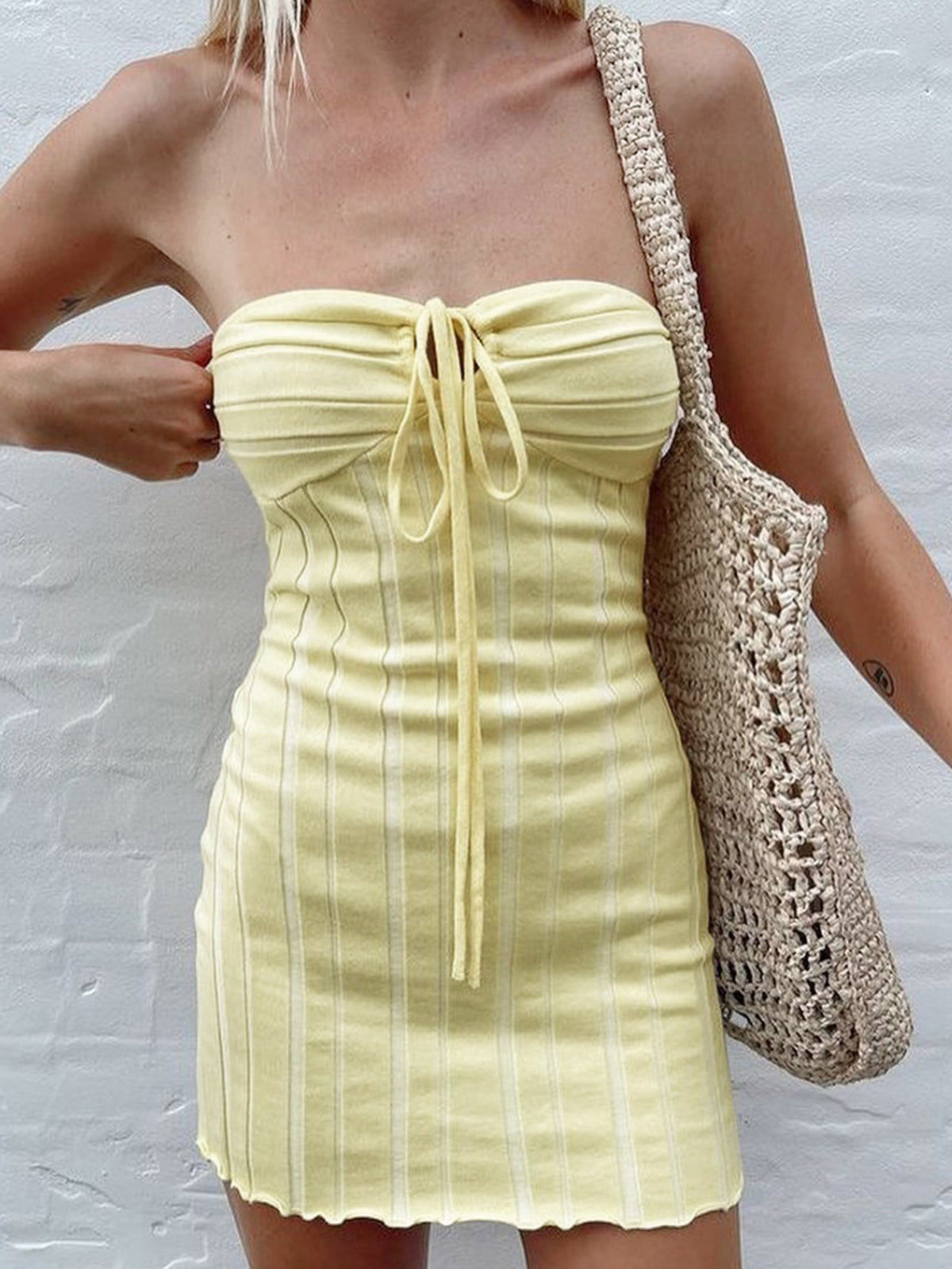 Drawstring Textured Knit Short Dress