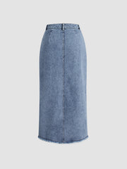 Asymmetrical Button Pockets Slit Denim Maxi Skirt