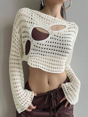 Solid Front Cutout Eyelet Crochet Crop Knit Top