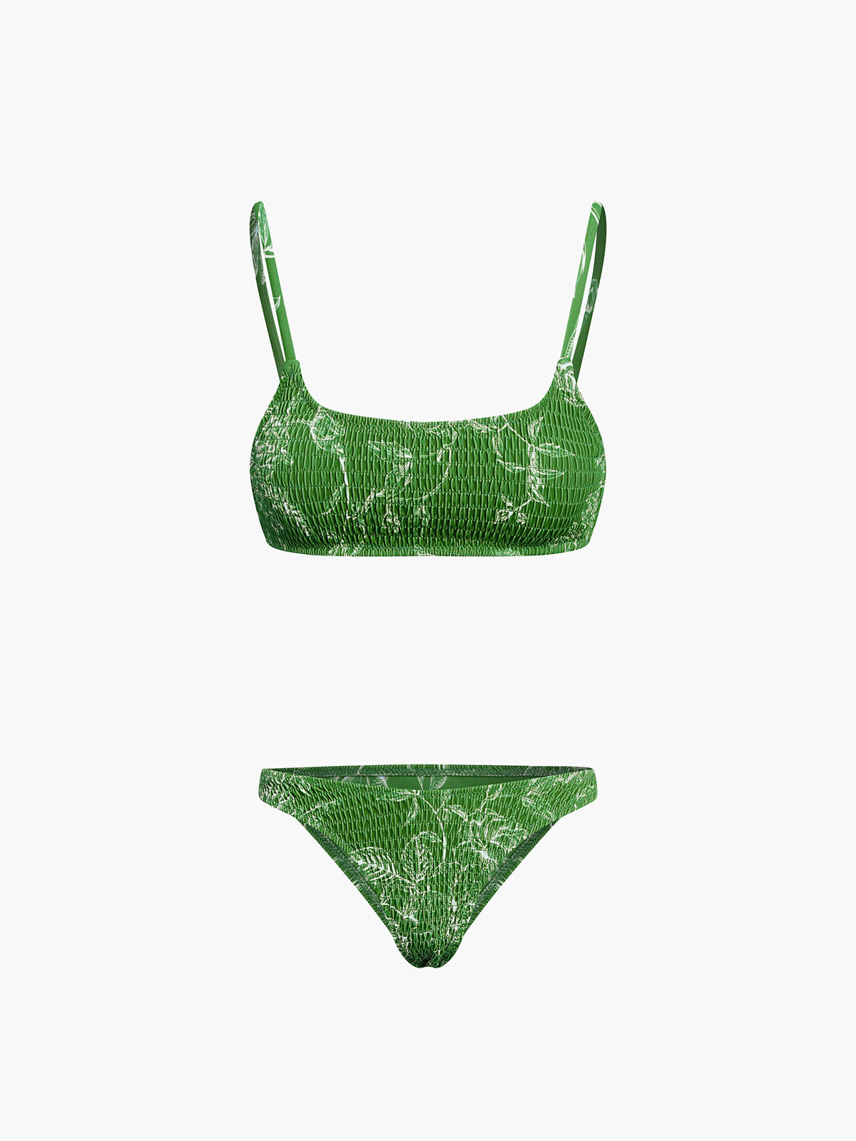 Green Floral Back Clip Two Piece Bikini Set