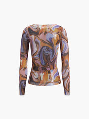 Asymmetrical Neck Watermarble Mesh Ruched Shirt