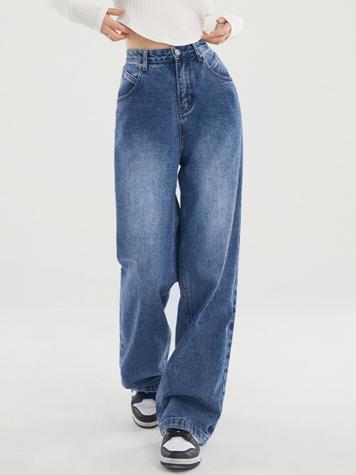 Solid Denim Wide Leg Boyfriend Jeans