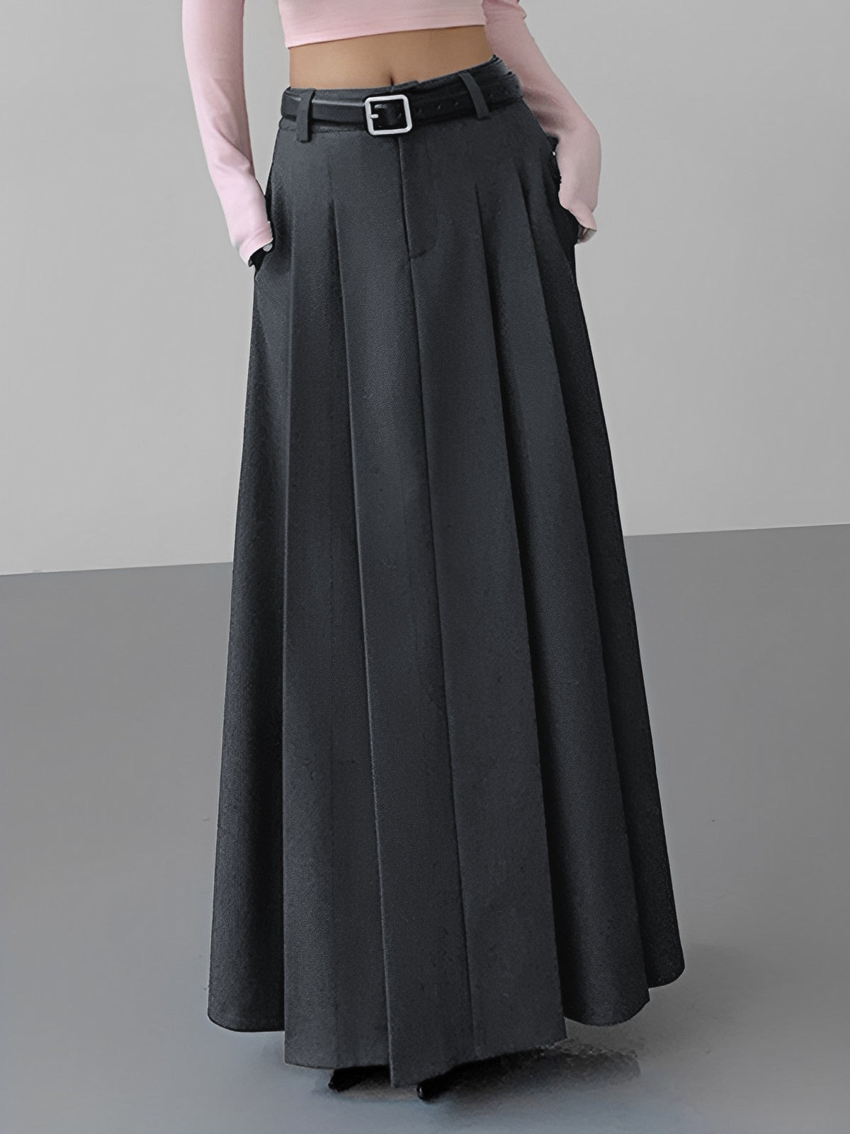 Unbelted Pleated Long Skirt