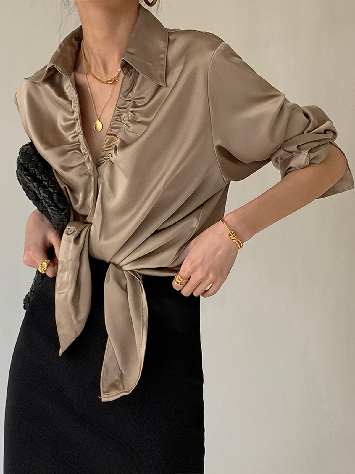 Oversized Button Up Ruched Trim Satin Shirt