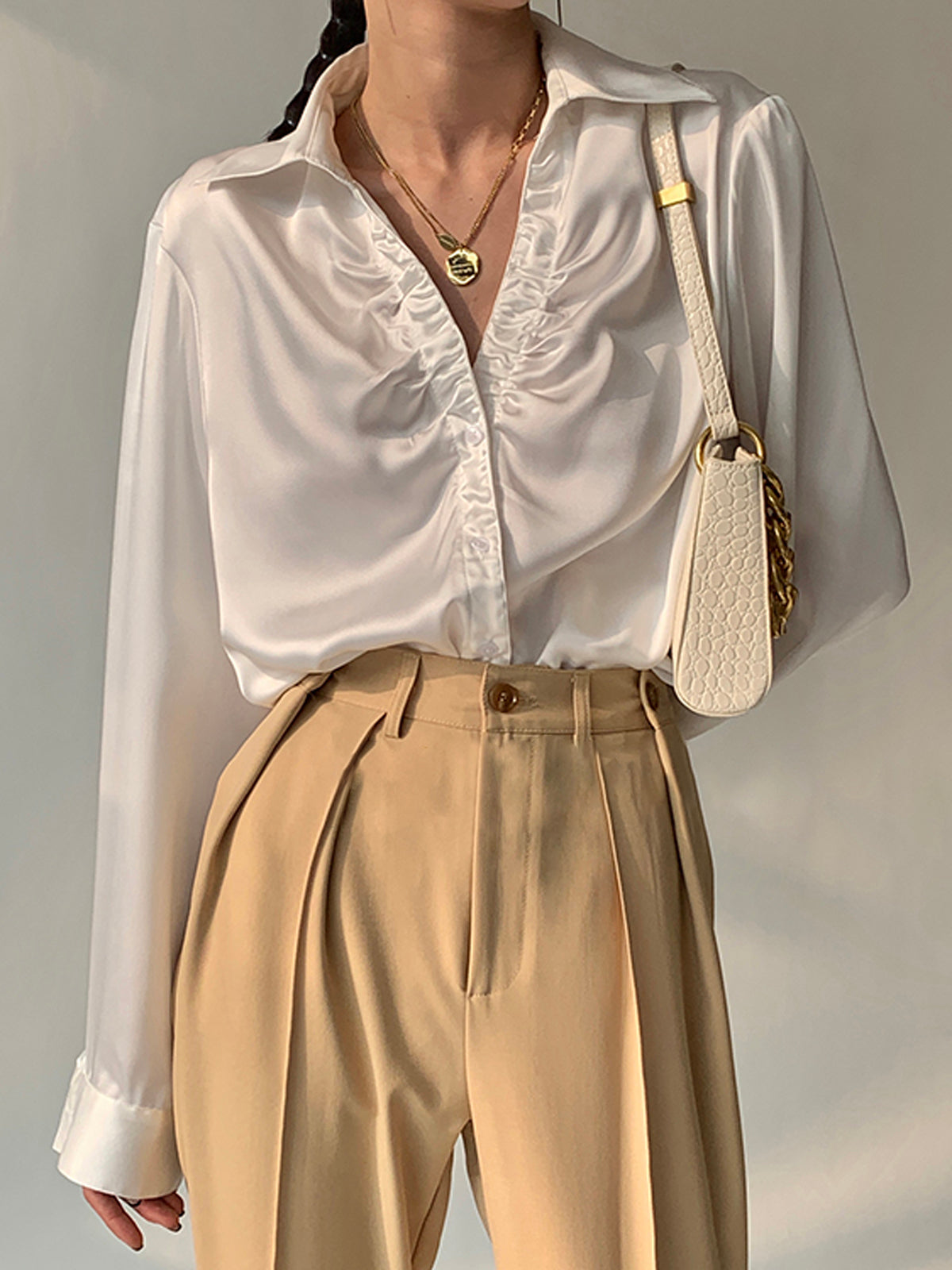 Oversized Button Up Ruched Trim Satin Shirt