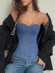 Hook-and-Eye Tie Back Tube Denim Top